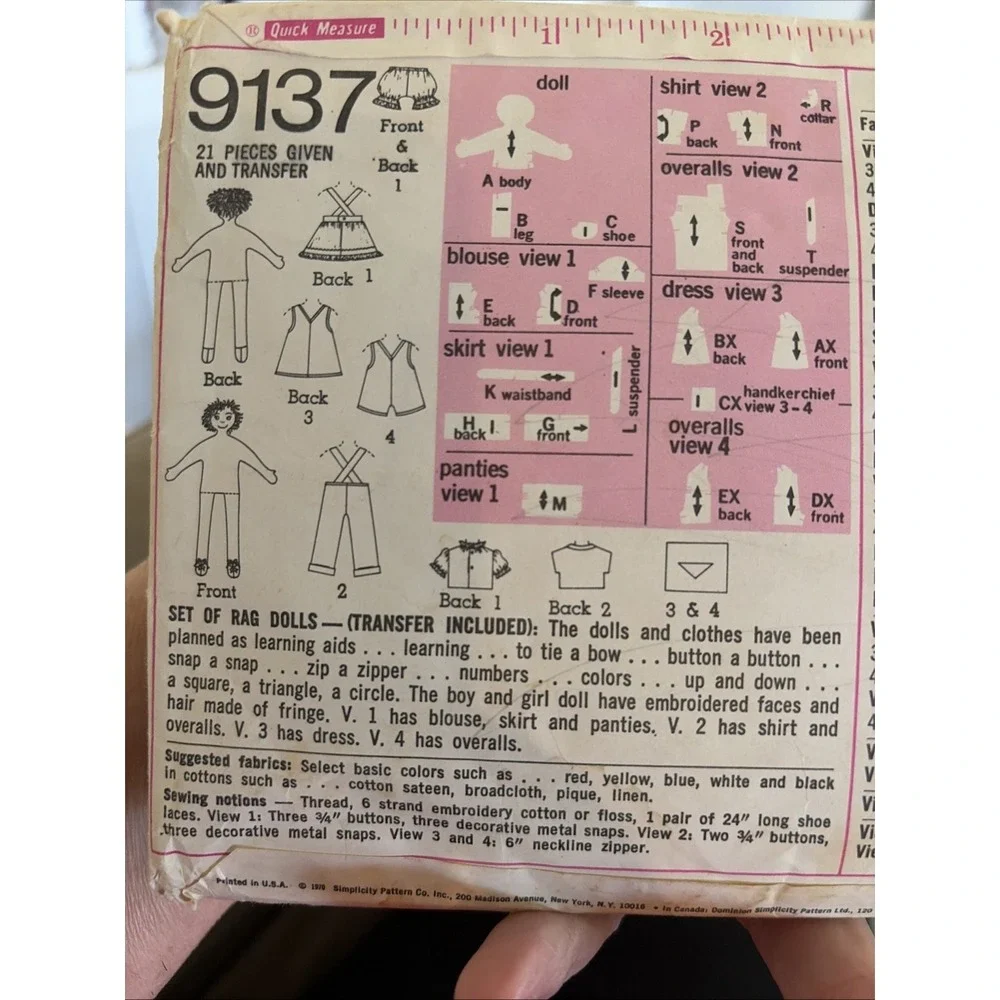 Vintage 1970 Simplicity Rag Doll Sewing Pattern 9137 OS Cut Complete 24in Doll